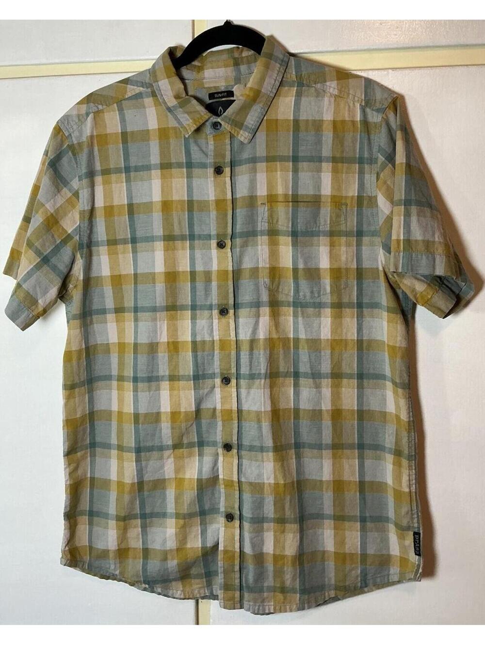 Prana Slim Fit Men's Large Organic Cotton Plaid Short Sleeve Button Up Shirt